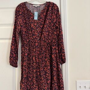 LOFT Women's Long Sleeve Floral Dress - Red and Navy
